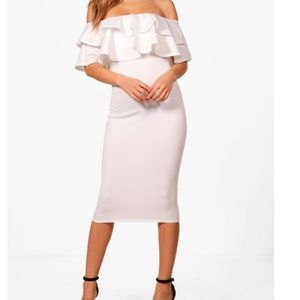 Off-shoulder Boohoo Ivory Frill-detail Midi Dress